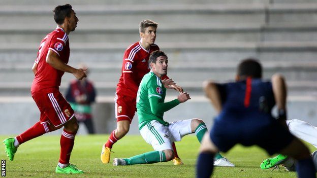 Kyle Lafferty nets Northern Ireland's equaliser in the 1-1 draw with Hungary at Windsor Park in September 2015