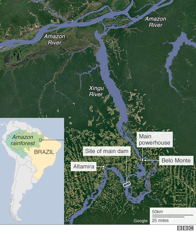 Map showing the location of the Belo Monte dam and powerhouse
