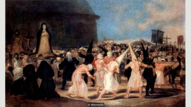 Goya's A Procession of Flagellants documents a more brutal version of the Seville ritual