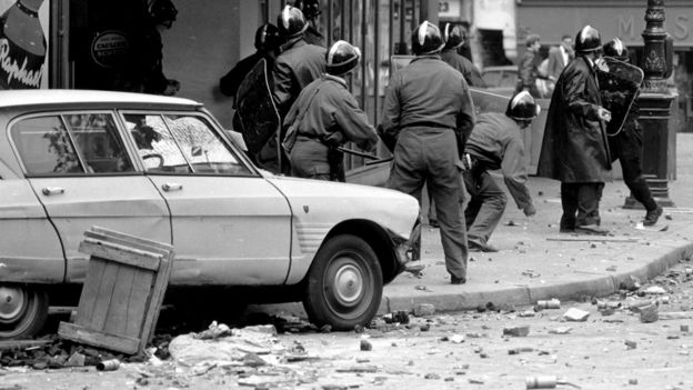 May 1968 police under hail of cobble stones in Paris