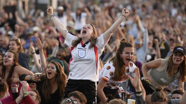 England fans watching England play Norway in the Women's World Cup quarter-finals at the West Holts stage