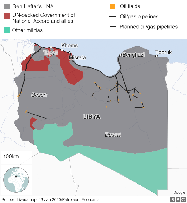 Libya control map showing oilfields and pipelines