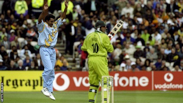 Javagal Srinath of India takes the wicket of Shahid Afridi of Pakistan in the World Cup Super Six match at Old Trafford in Manchester, England.