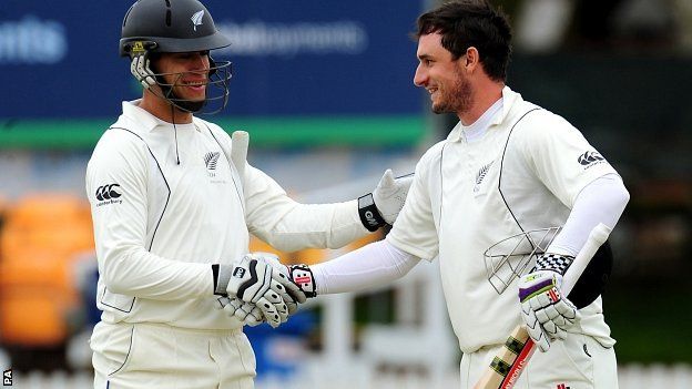 Ross Taylor congratulates Hamish Rutherford on his century