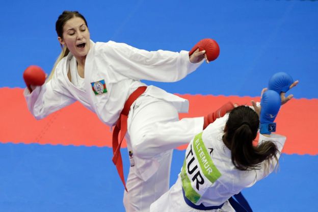Competencia de karate en Bakú, Azerbaiyán.