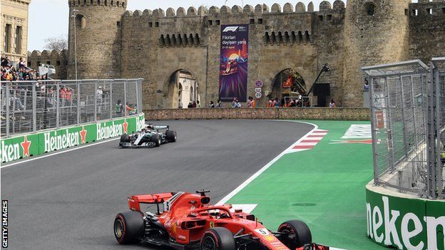 Ferrari F1 driver Sebastian Vettel in action at the Baku City Circuit