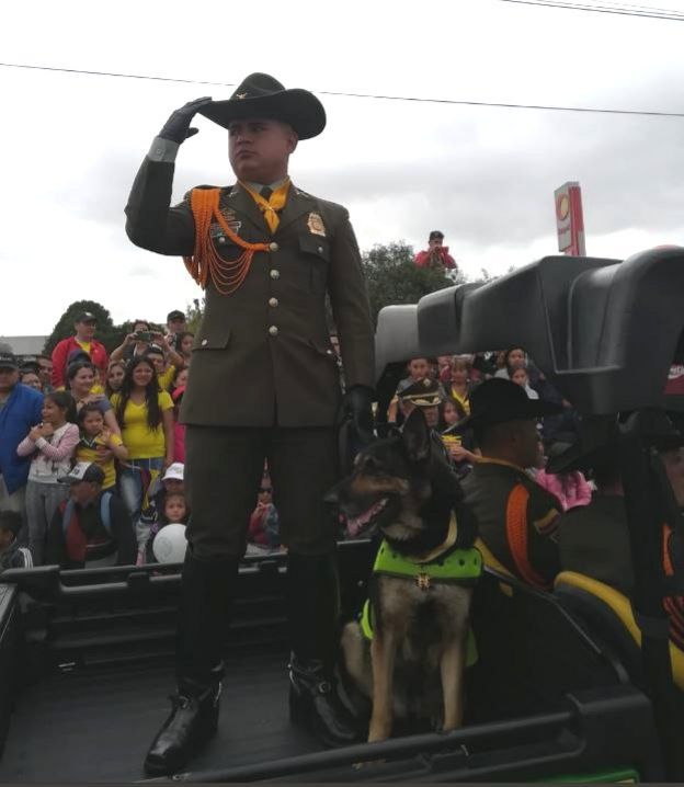 Multidão observa a cadela Sombra usando medalha por contribuição à luta contra o tráfico de drogas na Colômbia. Na foto ela posa ao lado de homem com uniforme da polícia
