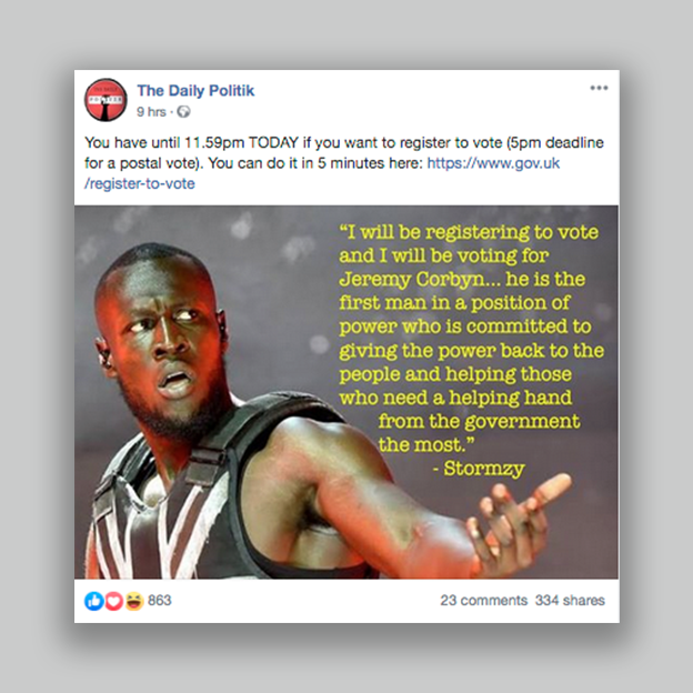 meme from the Daily Politik showing Stormzy encouraging people to vote for Labour
