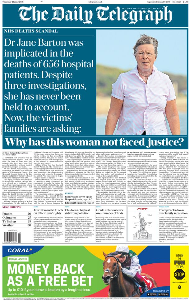 Daily Telegraph front page - 21/06/18