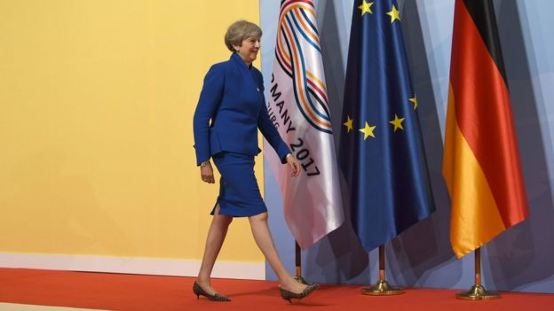Theresa May walking past flags at Hamburg conference