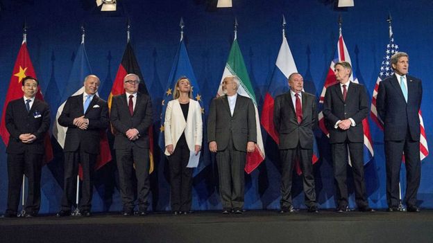 Representantes de China, Francia, Alemania, la UE, IrÃ¡n, Rusia, Reino Unido y Estados Unidos en abril de 2015, cuando se anunciÃ³ el acuerdo nuclear con IrÃ¡n.