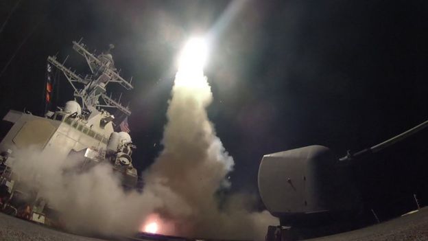 Guided-missile destroyer USS Porter fires a Tomahawk land attack missile on April 7, 2017 in the Mediterranean Sea