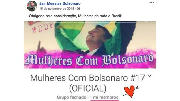 Postagem de 15 de setembro de 2018 na página de Facebook de Bolsonaro mostra foto dele e texto: 'Obrigada pela consideração, mulheres de todo o Brasil!'
