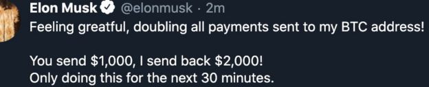 Ahacked tweet from Elon Musk's account