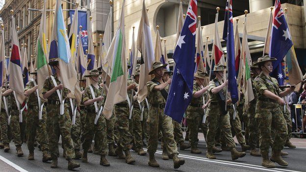 Army cadets taking part in Anzac Day parade in Sydney, Australia, on 25 April 2015