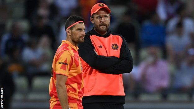 Birmingham Phoenix's Daniel Vettori gives advice during the tactical timeout in The Hundred