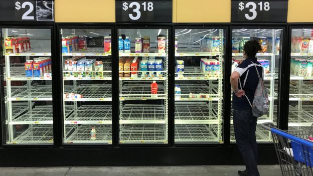 Woman looks over bare refrigerator shelves in a Walmart in Houston