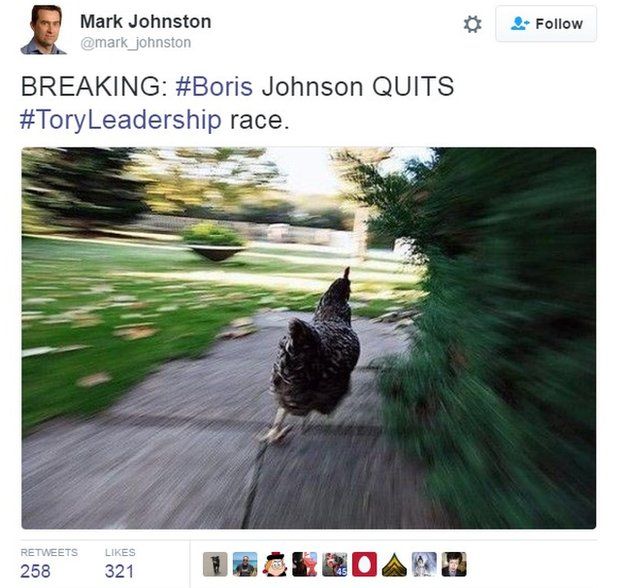 Tweet reads: "BREAKING: #Boris Johnson QUITS #ToryLeadership race"