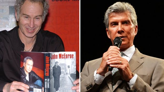 Collage photograph of John McEnroe and ring announcer Michael Buffer