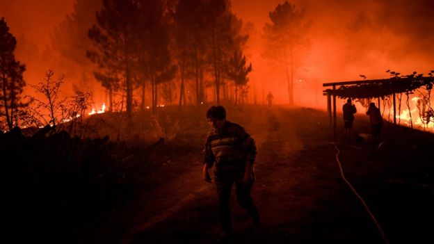A villager walks past a wildfire encroaching on her home