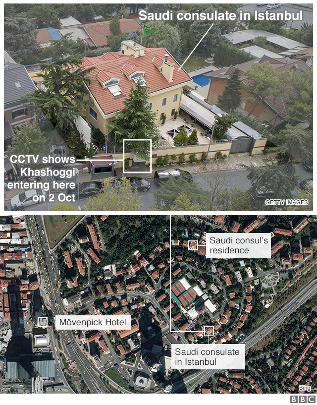 Maps showing the location of the Saudi consulate in Istanbul and the Saudi consul's residence