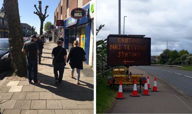 Photos sent to BBC News by show obstacles on pavements or queues outside shops