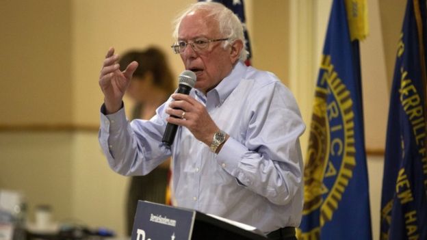 Bernie Sanders, a Democratic president candidate, addresses a crowd of supporters