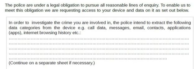 A screenshot of part of a consent form for 'digital device extraction', provided by the National Police Chiefs Council