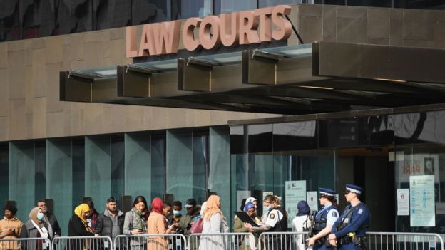 General view of Christchurch High Court as victims arrive for the sentencing hearing of Brenton Harrison Tarrant