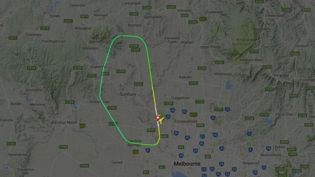 A flight path showing a short loop back to Melbourne airport