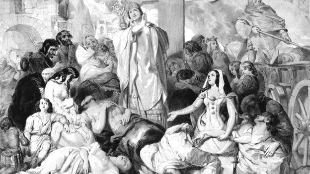 Ilustración de gente pidiendo alivio para la Peste Negra, alrededor de 1350.