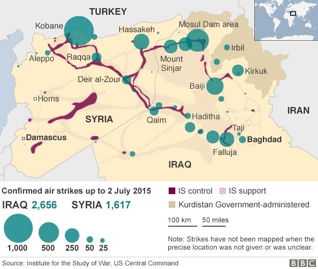 Map showing air strikes against targets in Iraq and Syria