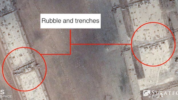Satellite image of Mosul airport showing rubble and trenches on runways