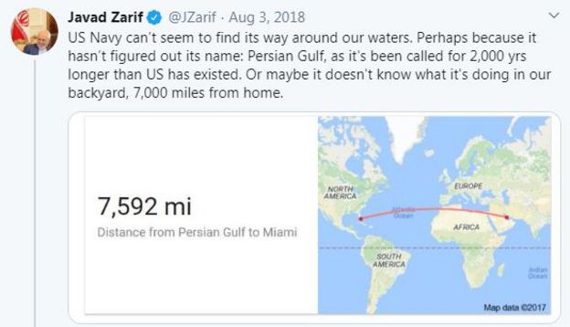 وزیر خارجه ایران این توییت انتقادی درباره حضور نیروهای آمریکایی در خلیج فارس را بازنشر کرد