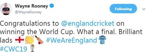 Wayne Rooney tweet saying "Congratulations to England on winning the World Cup. What a final. Brilliant lads"