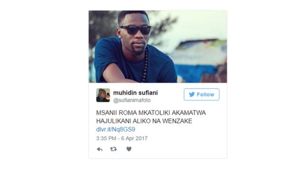 Ujumbe uliosambazwa katika mtandao wa Twitter baada ya Roma Mkatoliki kukamatwa