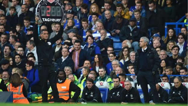 Mourinho observa el tiempo que se adañe en un partido de Manchester United.
