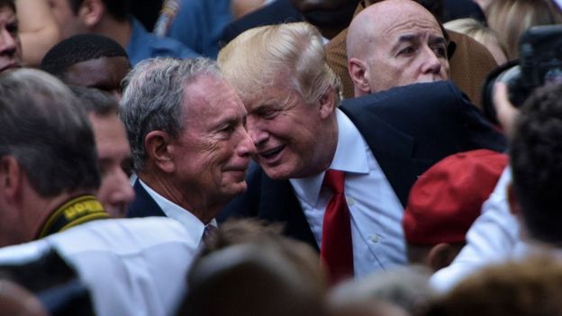 Michael Bloomberg (centre left) and Donald Trump (centre right) in New York. Photo: September 2016