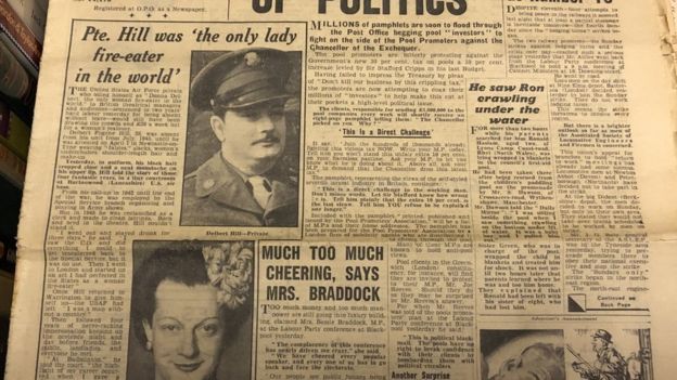 A Daily Mirror article from 1949, which shows the story of a soldier dressing up as a woman and eating fire