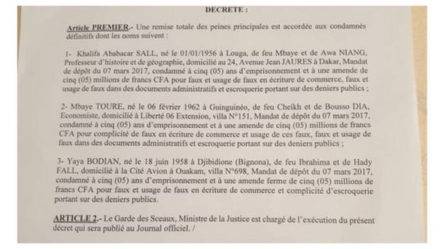 La grâce accordée à Khalifa Sall, Mbaye Touté et Yaya Bodian a été signée par Macky Sall.