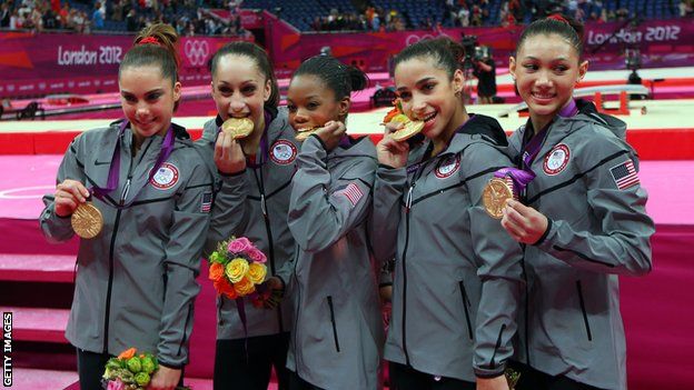 The gold medal-winning USA gymnastics team at the 2012 Olympic Games in London
