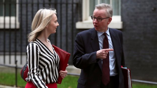 Michael Gove leaving Downing Street with Chief Secretary to the Treasury Liz Truss