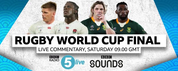Graphic advertising that BBC Radio 5 Live will have live commentary of the Rugby World Cup final