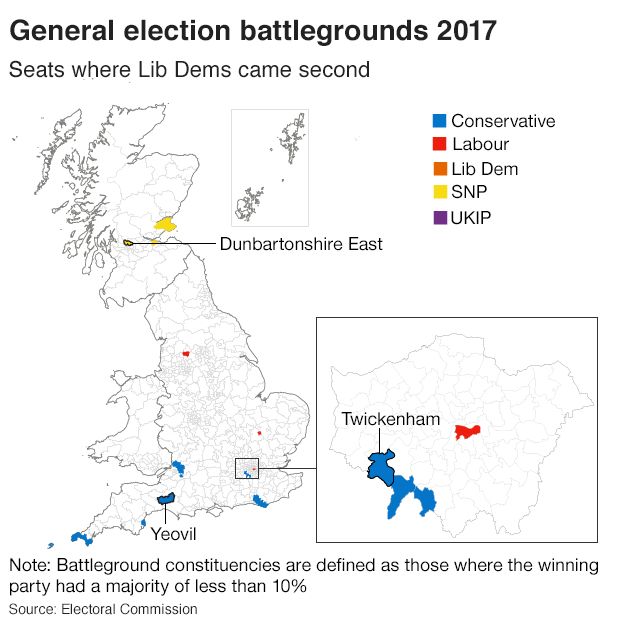 Map showing the 16 seats where the Lib Dems came second in the 2015 general election