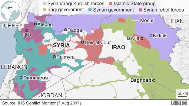 Map of Iraq and Syria showing IS areas of control