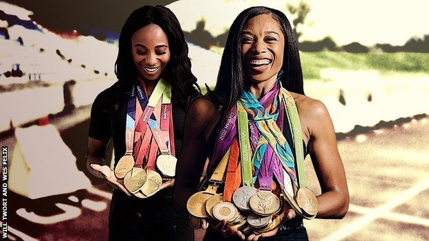 Allyson Felix and Shelly-Ann Fraser-Pryce with their Olympic medals