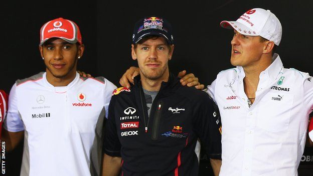 Lewis Hamilton, Sebastian Vettel and Michael Schumacher