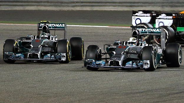 Hamilton and Rosberg race wheel-to-wheel at Bahrain in 2014