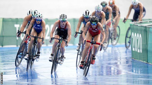 Action from the Women's Triathlon in the rain