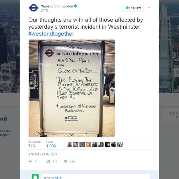 Mensaje desde la cuenta oficial de Twitter del Sistema de Transporte de Londres @TFL